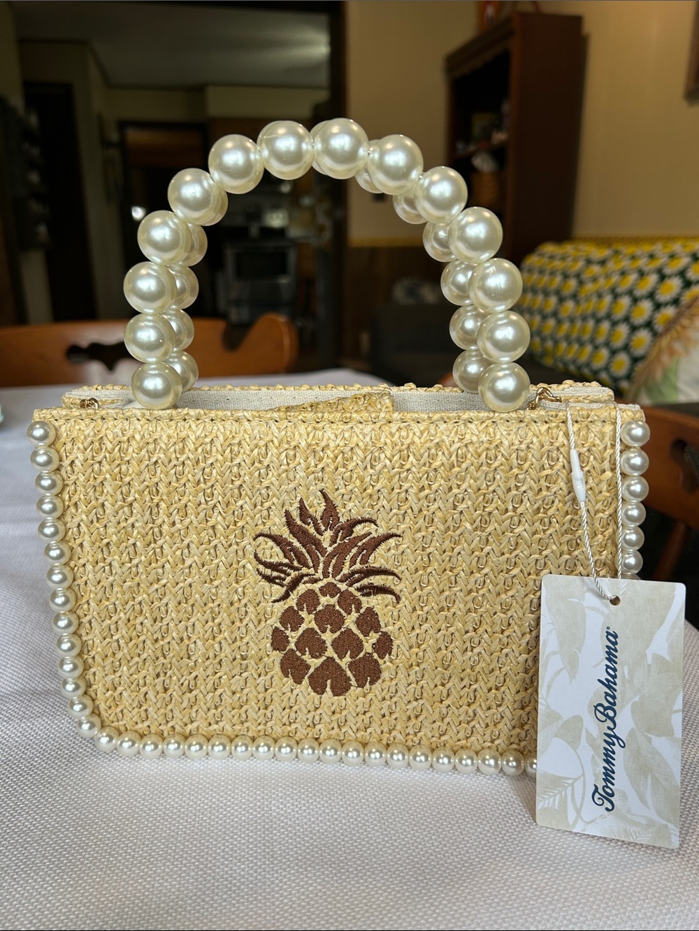 Tommy Bahama Straw Mini Tote with Pearl Handle and Brown Pineapple